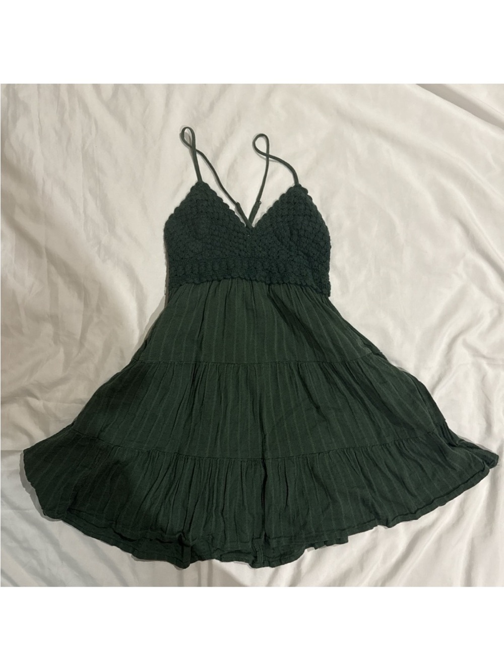 aerie Dark Green Crochet Bodice Tiered Mini Dress